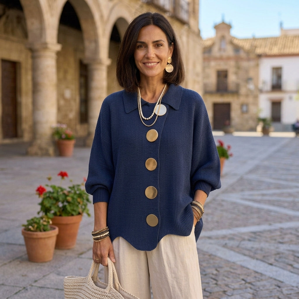 Stefania | Cárdigan Oversize con Cuello y Botones Metálicos