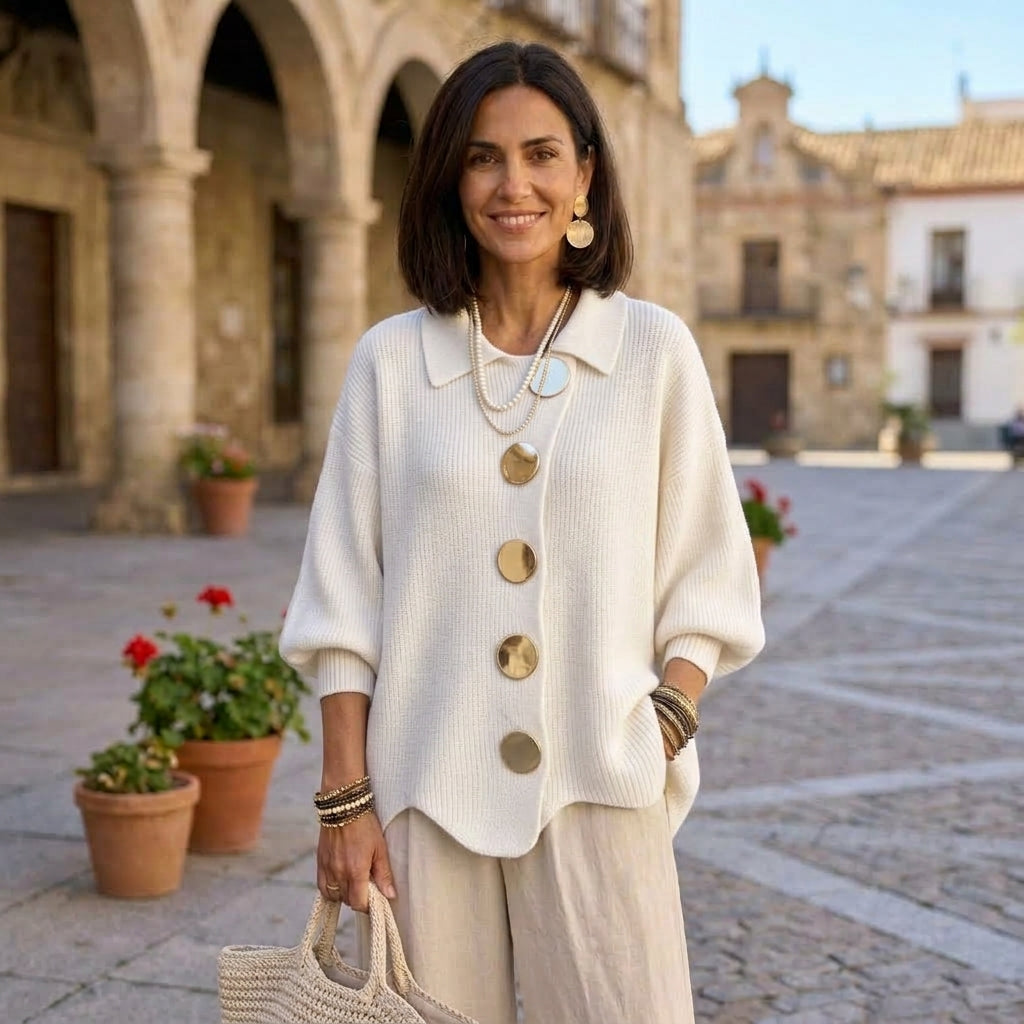 Stefania | Cárdigan Oversize con Cuello y Botones Metálicos
